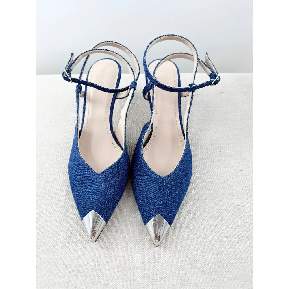 NWOT IRO Paris Denim Cap Toe Mid-Heel Slingback Sandals Blue Silver Womens EU 37